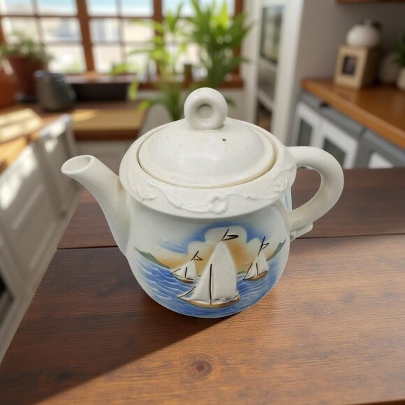 Vintage Porcelier Ironstone Teapot With Sailboat Design - Picture 2 of 10